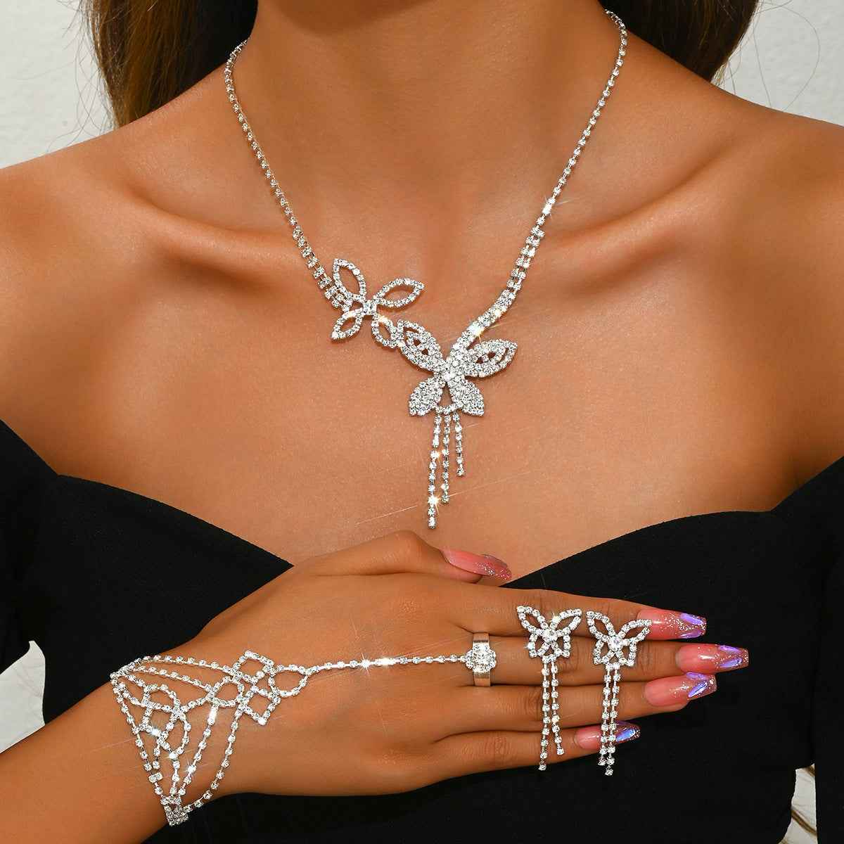 Butterfly Tassel Rhinestone Jewelry Set For Women 3 Piece