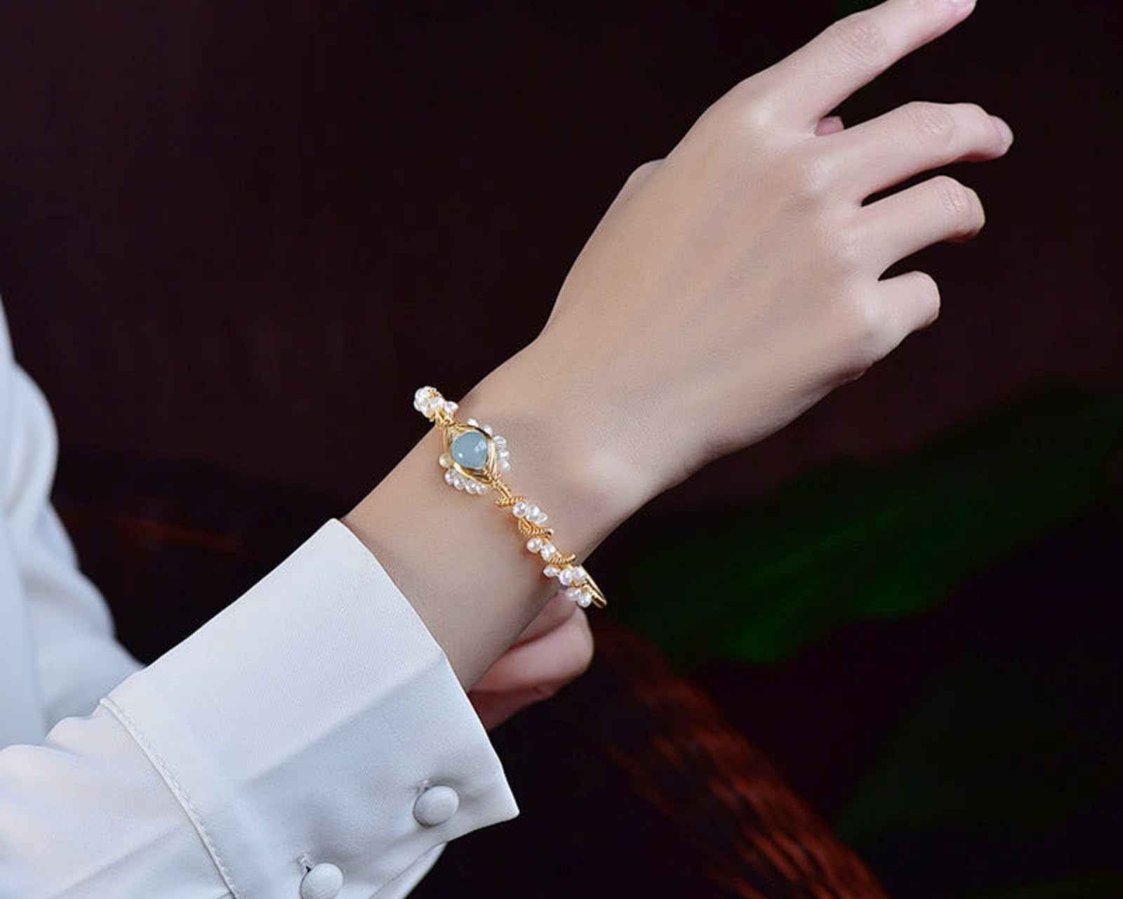Pearl Bracelet For Women Gold Plated Braided Vintage Cuff