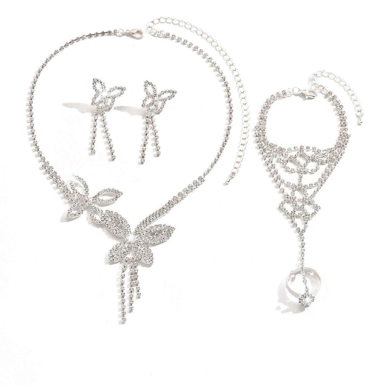 Butterfly Tassel Rhinestone Jewelry Set For Women 3 Piece