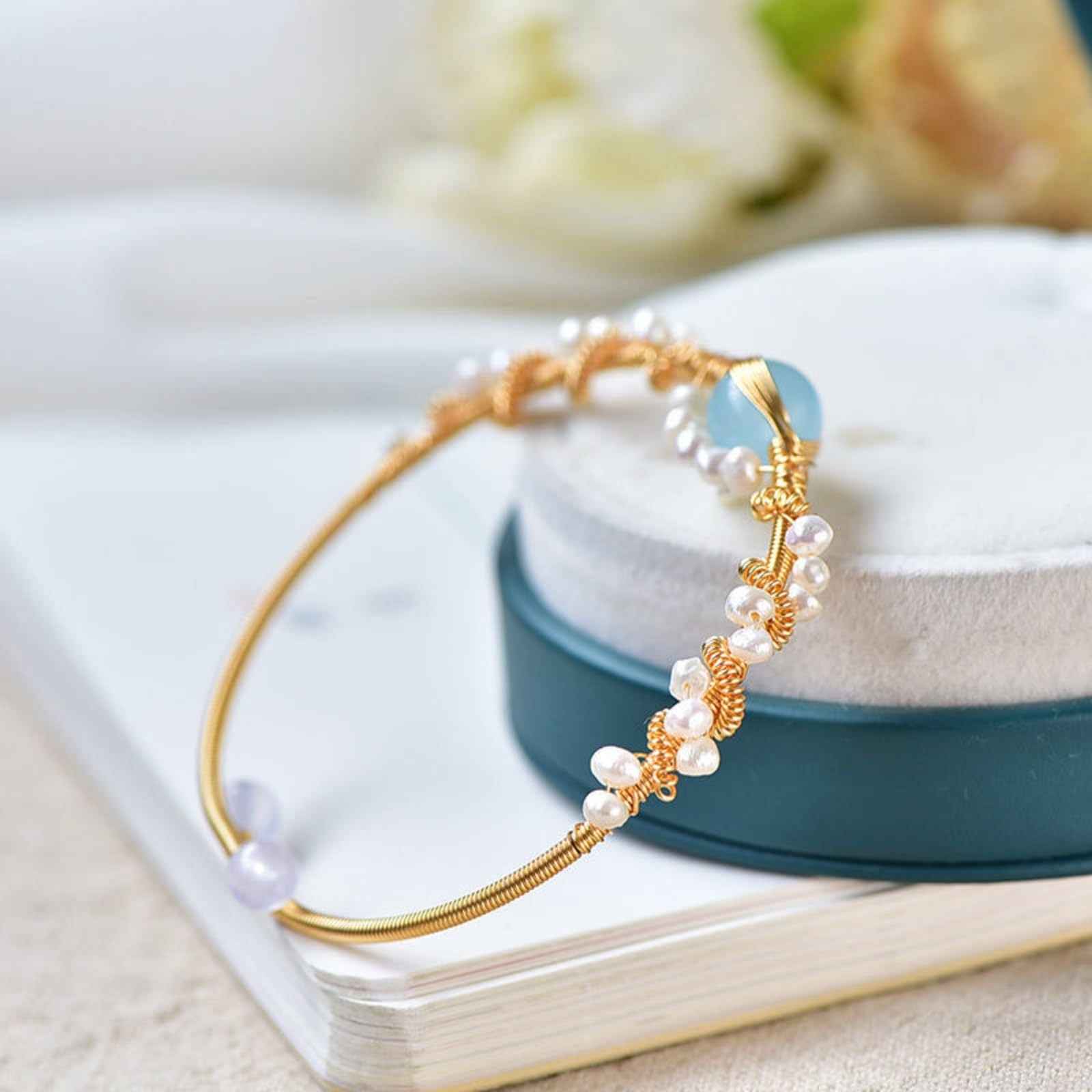 Pearl Bracelet For Women Gold Plated Braided Vintage Cuff