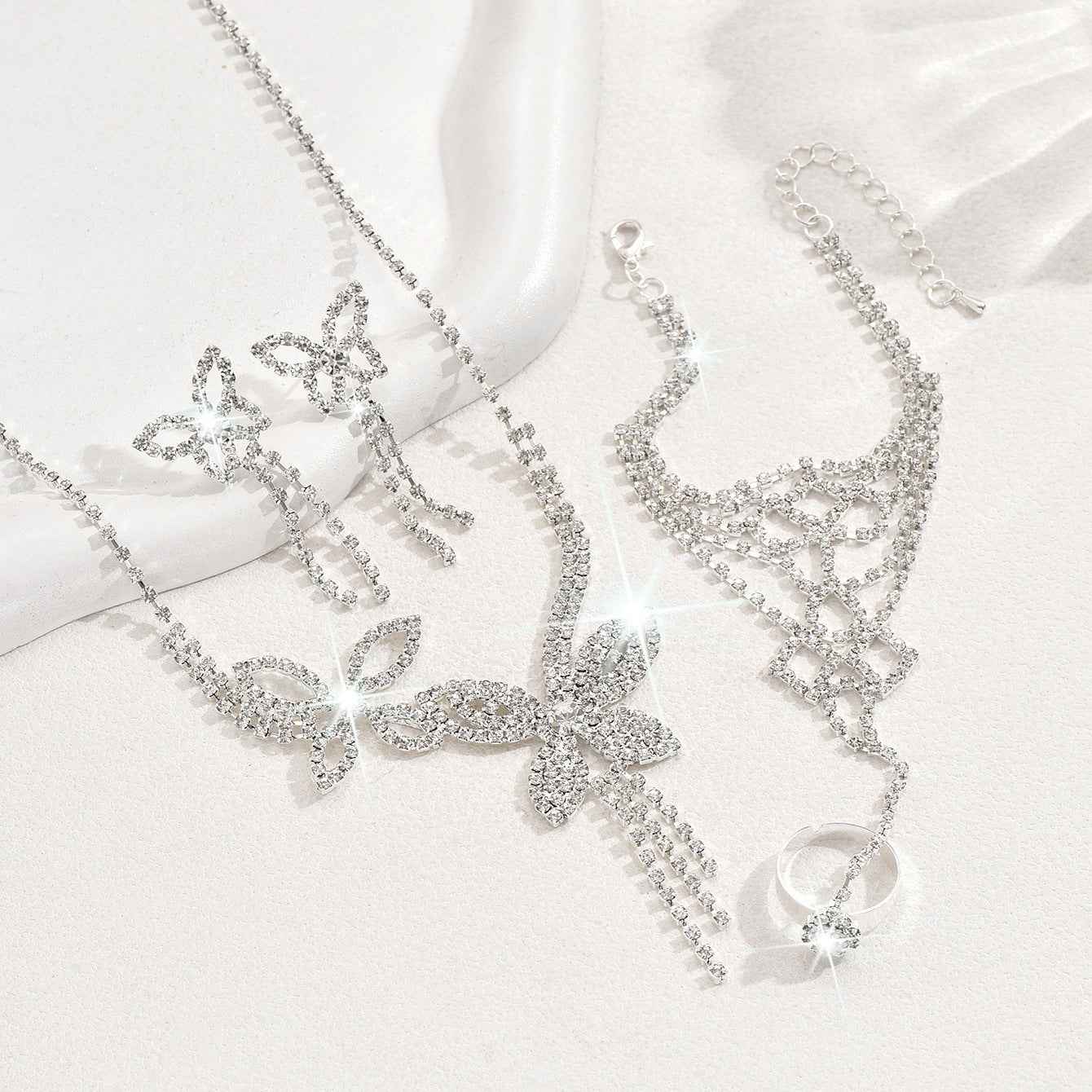 Butterfly Tassel Rhinestone Jewelry Set For Women 3 Piece